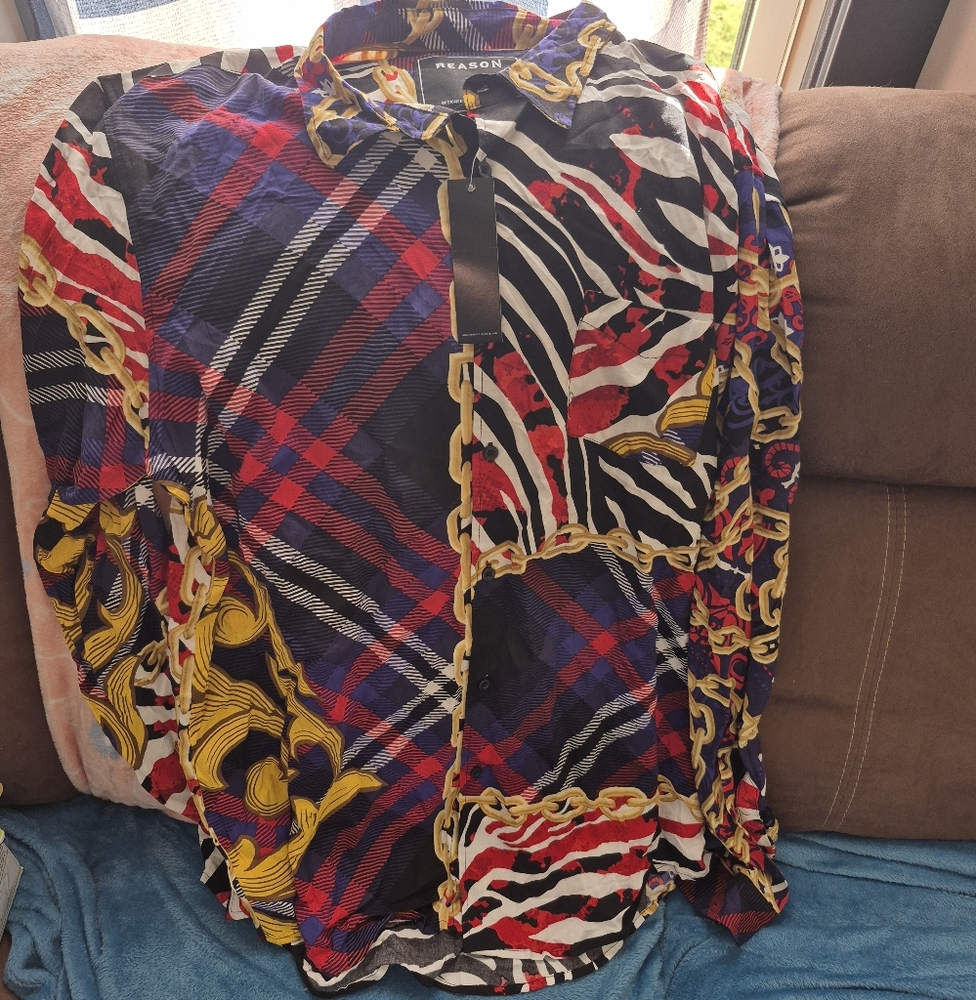 Reason Brand Colorful Patterned Button-Up Shirt NWT